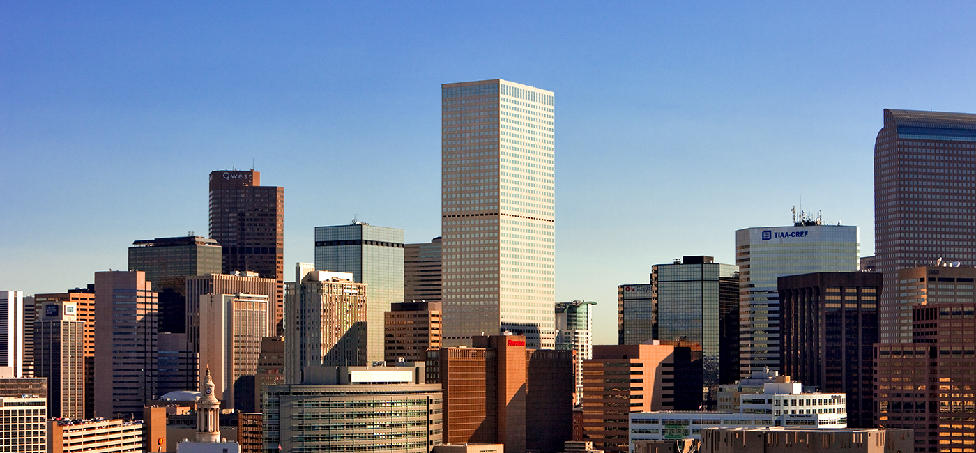 Daytime image of the Denver Colorado skyline centered on the Republic Plaza