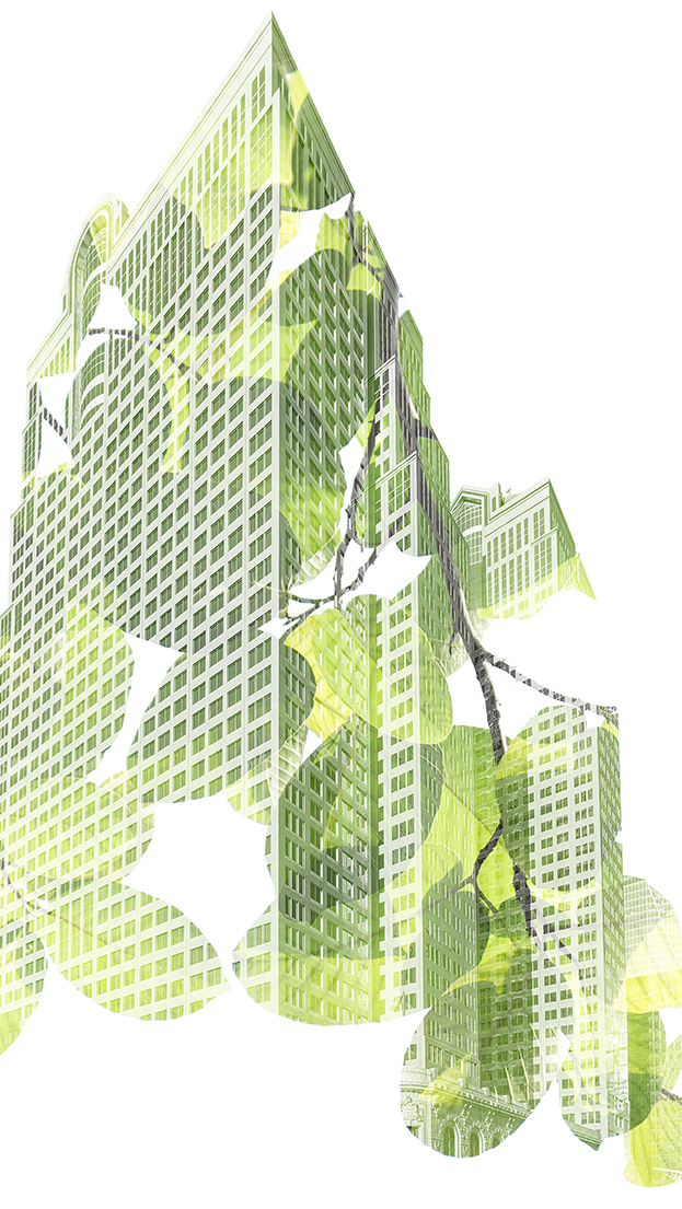 Decorative image of a building made of leaves