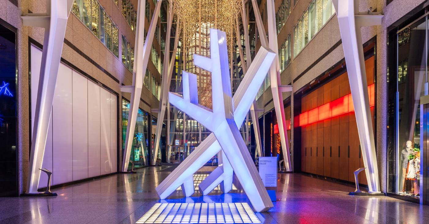 Giant modern-style snowflake in the center of the Allen Lambert Galleria.