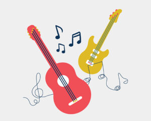 Illustration of two guitars with music notes in the background.