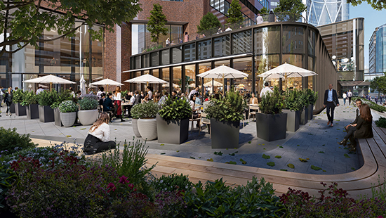 Rendering of outdoor dinning space at SEC