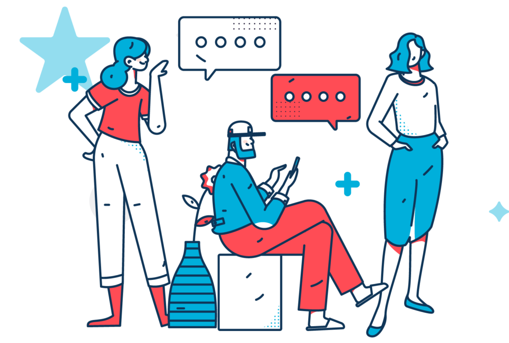 Illustration of a group of people, standing, sitting, on their phones, talking etc