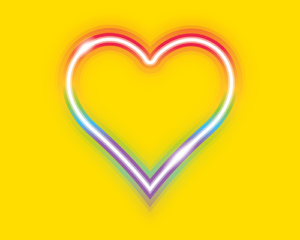 A bright, multicolored heart outlined in rainbow hues of red, orange, yellow, green, blue, and purple, set against a vibrant yellow background. This simple yet impactful graphic symbolizes diversity and unity.