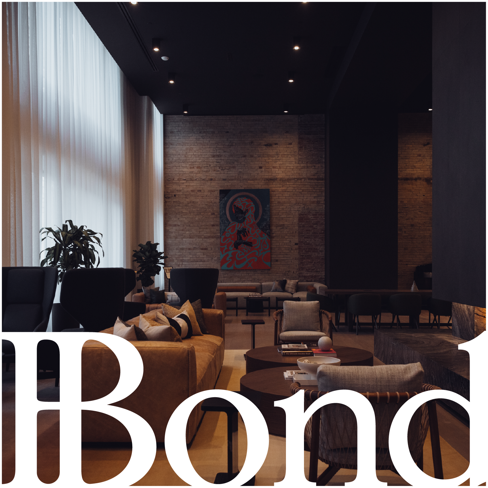 Decorative image with the wordmark 'BOND' laid over an image of the new amenity space by the same name.