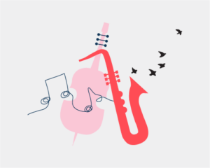 A creative illustration featuring a pink saxophone with a keyboard and guitar neck integrated into its design. Musical notes float from the bell of the saxophone, symbolizing sound, while small black birds appear to fly away, adding a sense of freedom and nature to the artwork. The background is a simple, clean white, emphasizing the boldness of the musical elements.