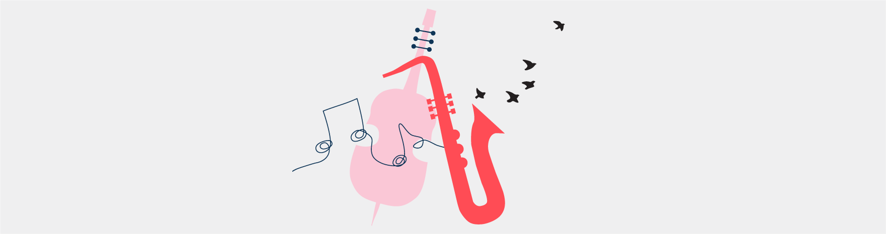 A creative illustration featuring a pink saxophone with a keyboard and guitar neck integrated into its design. Musical notes float from the bell of the saxophone, symbolizing sound, while small black birds appear to fly away, adding a sense of freedom and nature to the artwork. The background is a simple, clean white, emphasizing the boldness of the musical elements.