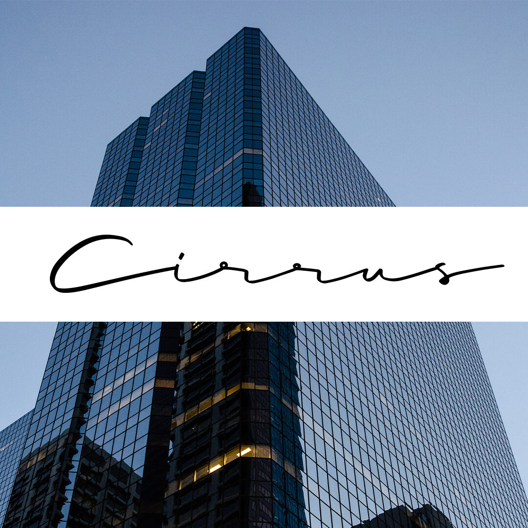 An image angled to look up at one of the fifth avenue place towers with text that reads: Cirrus
