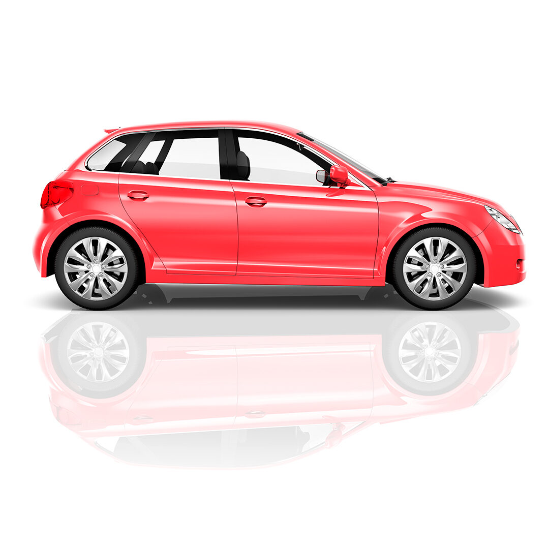 Decorative image of a coral coloured hatchback with a white background