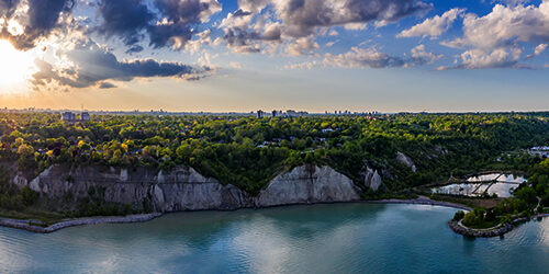 Decorative image of the Scarborough bluffs from the sky